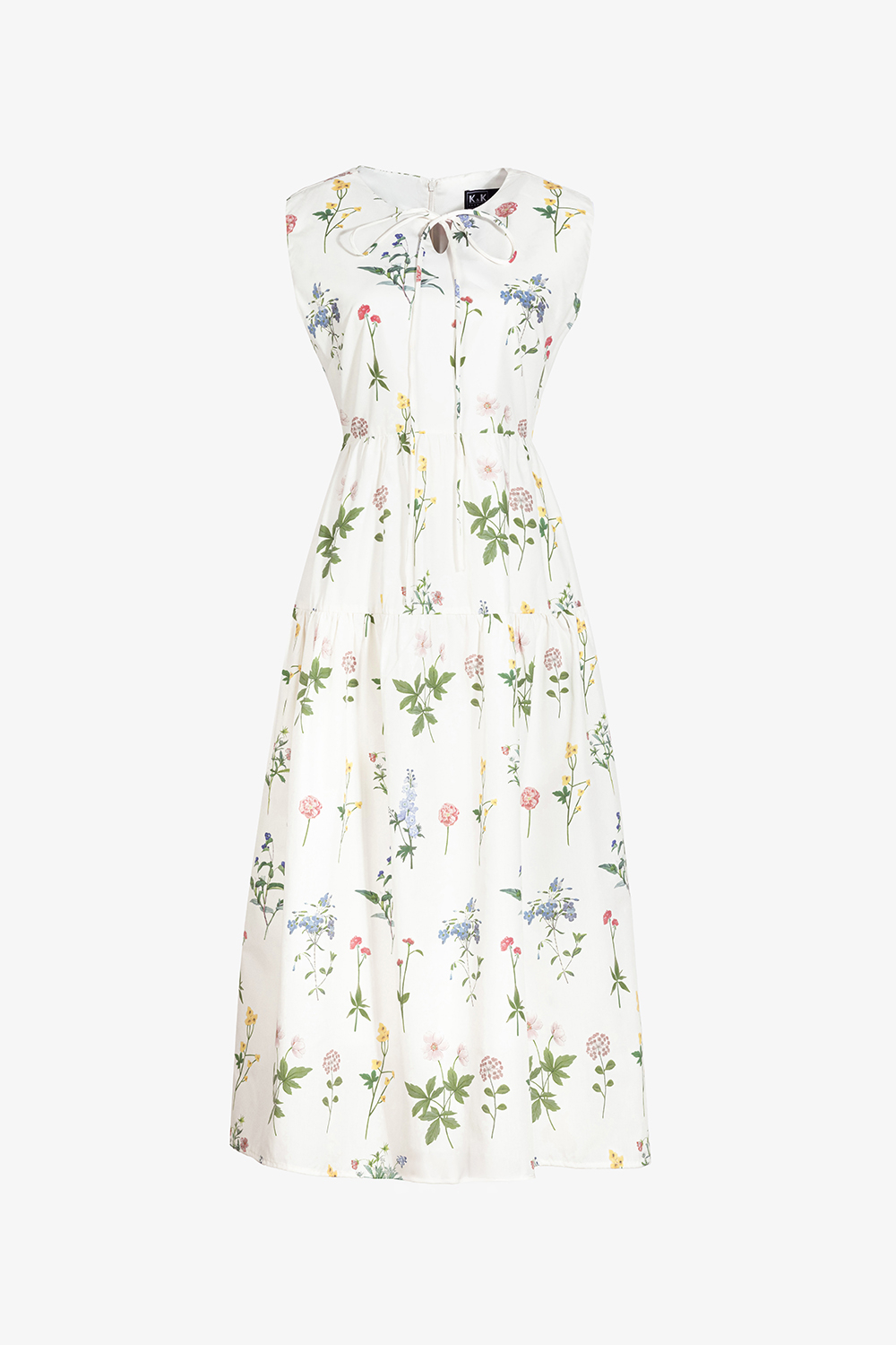 Đầm hoa dáng xòe dài cổ phối nơ