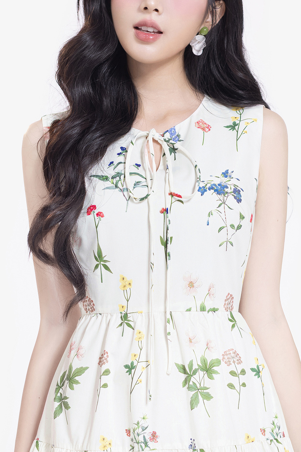 Đầm hoa dáng xòe dài cổ phối nơ