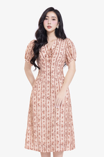 Đầm hoa nhí dáng chữ A cổ V phối nơ