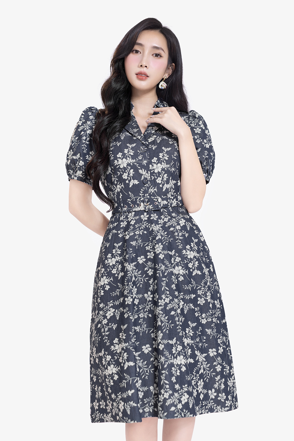 Đầm hoa công sở cổ đan tông kèm thắt eo