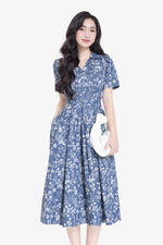 Đầm xòe xanh họa tiết hoa cổ sơ mi