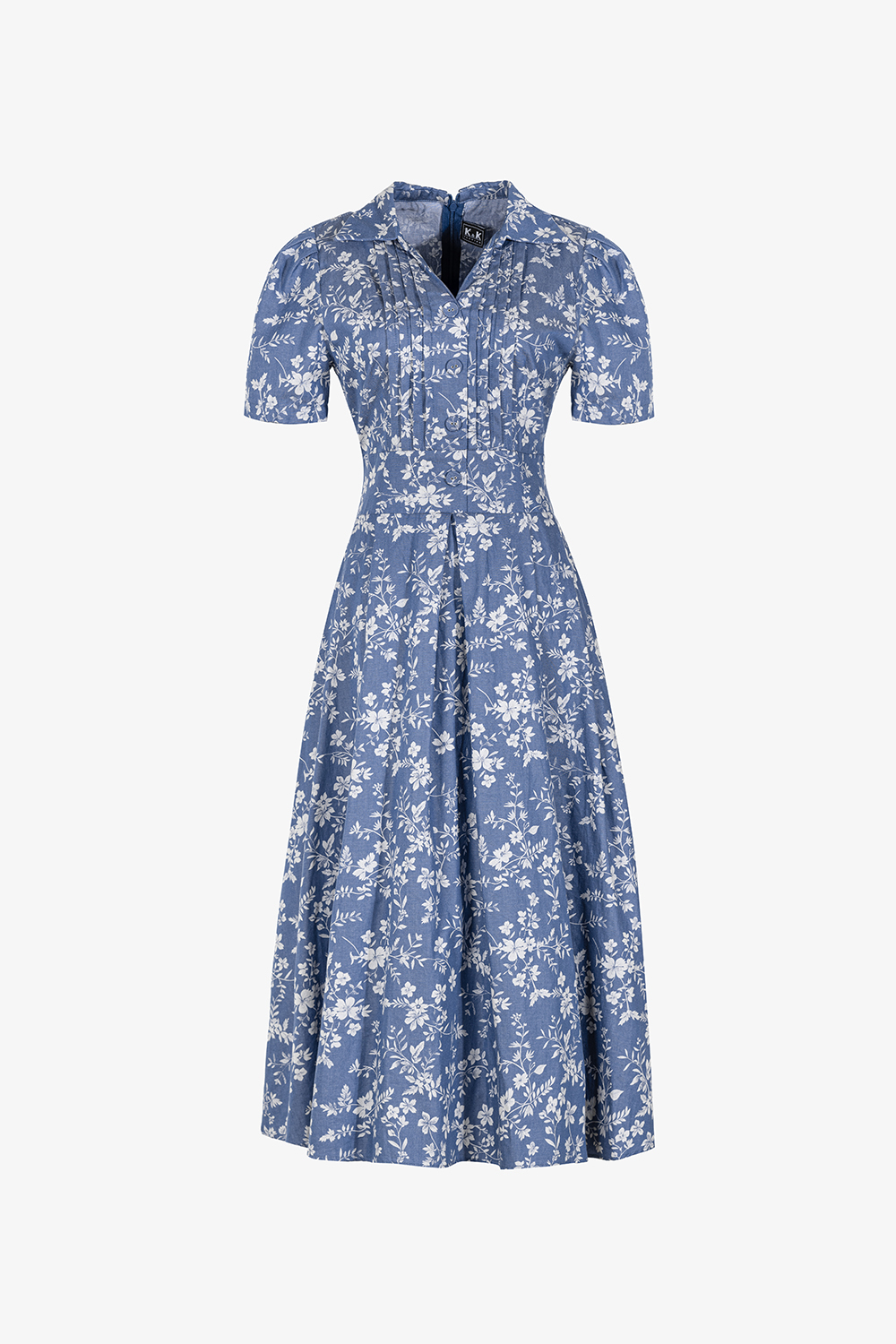 Đầm xòe xanh họa tiết hoa cổ sơ mi