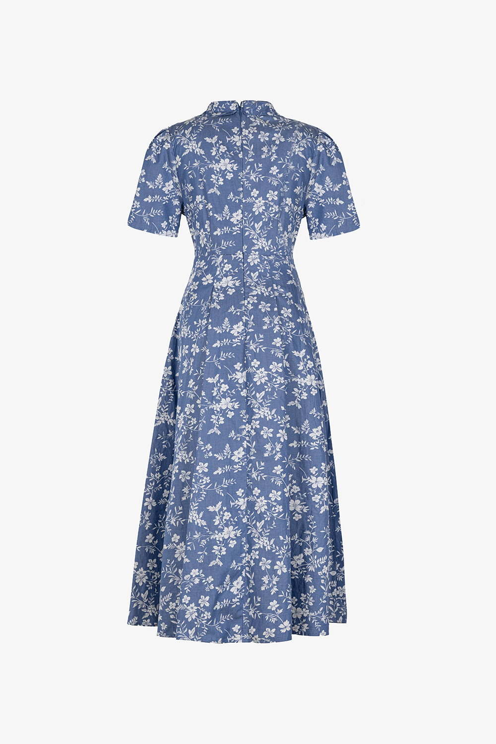 Đầm xòe xanh họa tiết hoa cổ sơ mi