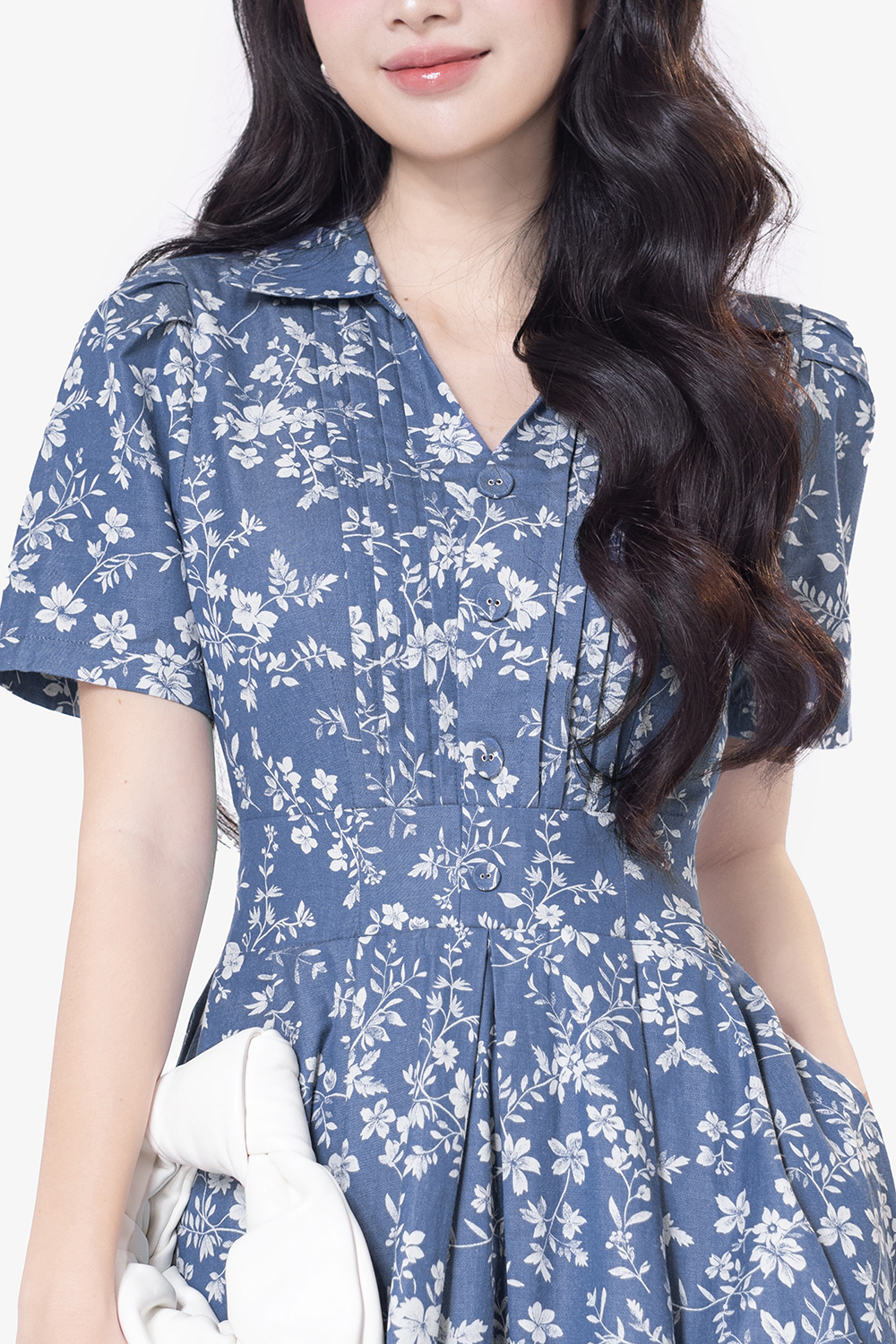 Đầm xòe xanh họa tiết hoa cổ sơ mi