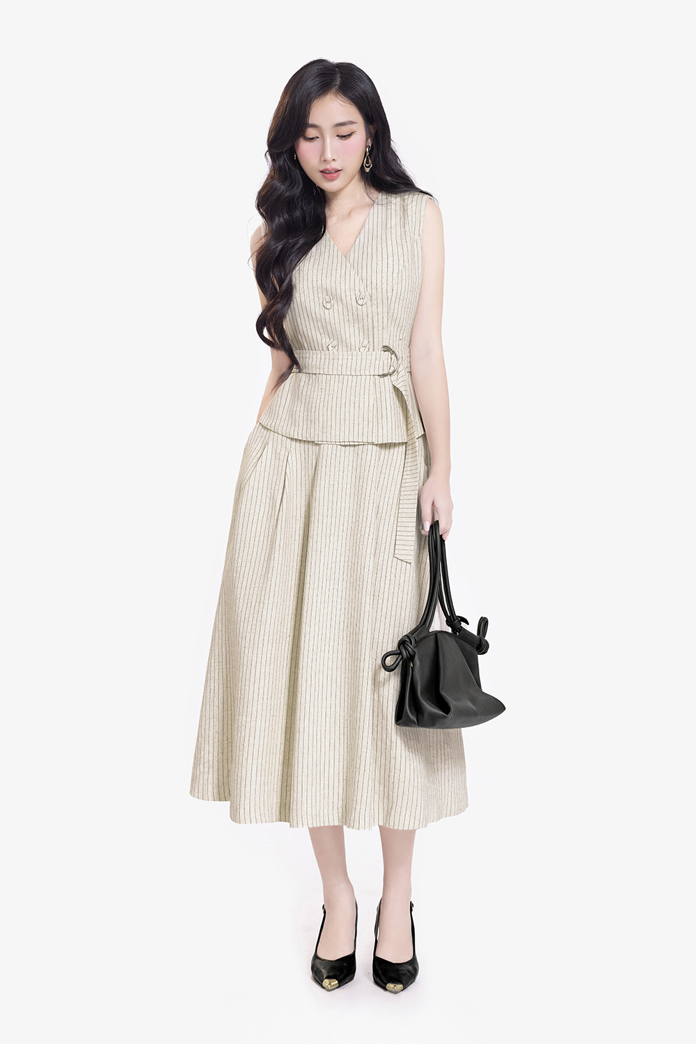 Áo gile nữ kẻ sọc phối thắt lưng