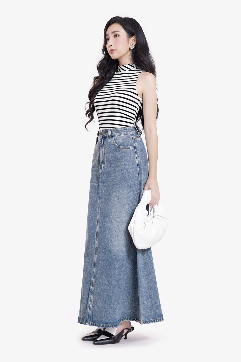 Chân váy jeans dáng dài chữ A xòe