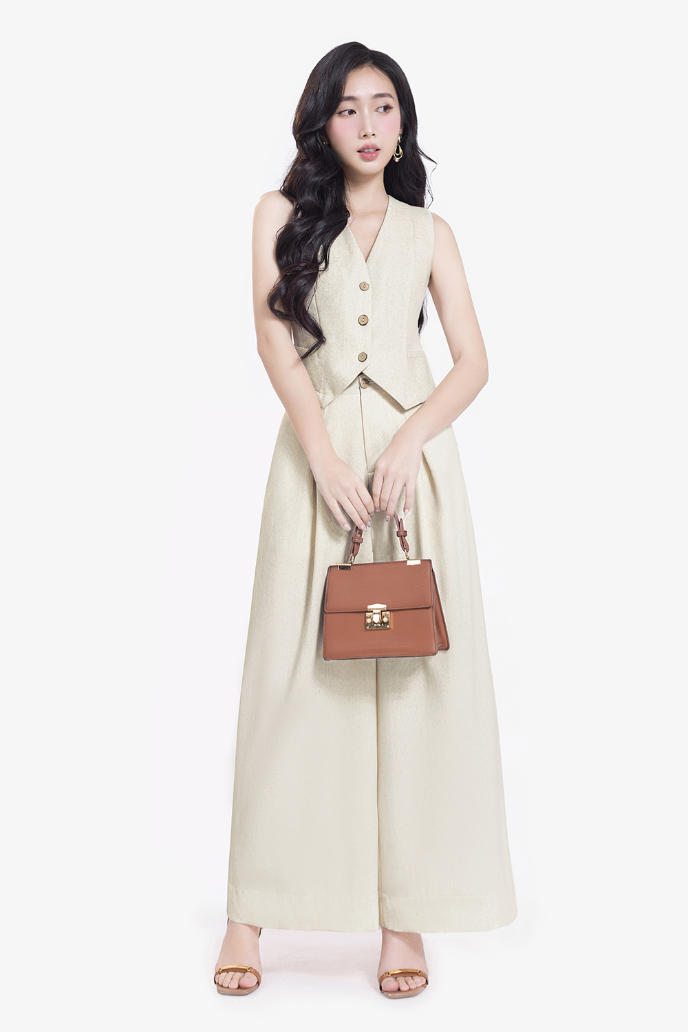 Quần ống suông nữ lưng cao cài cúc trước