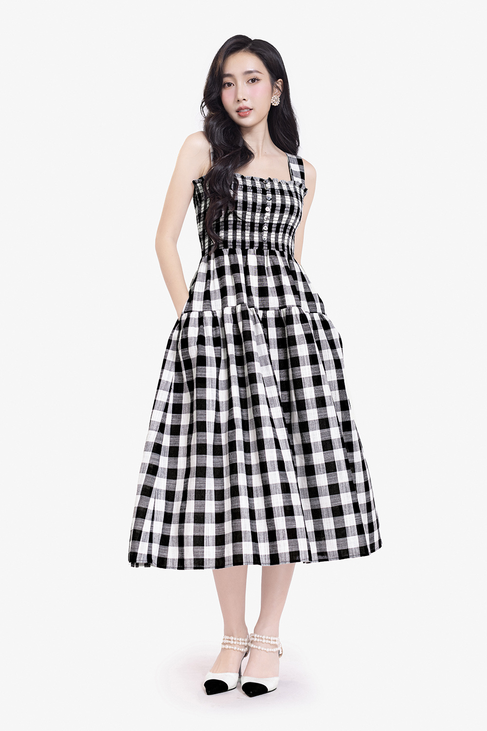 Đầm xòe caro 2 dây bo chun ngực