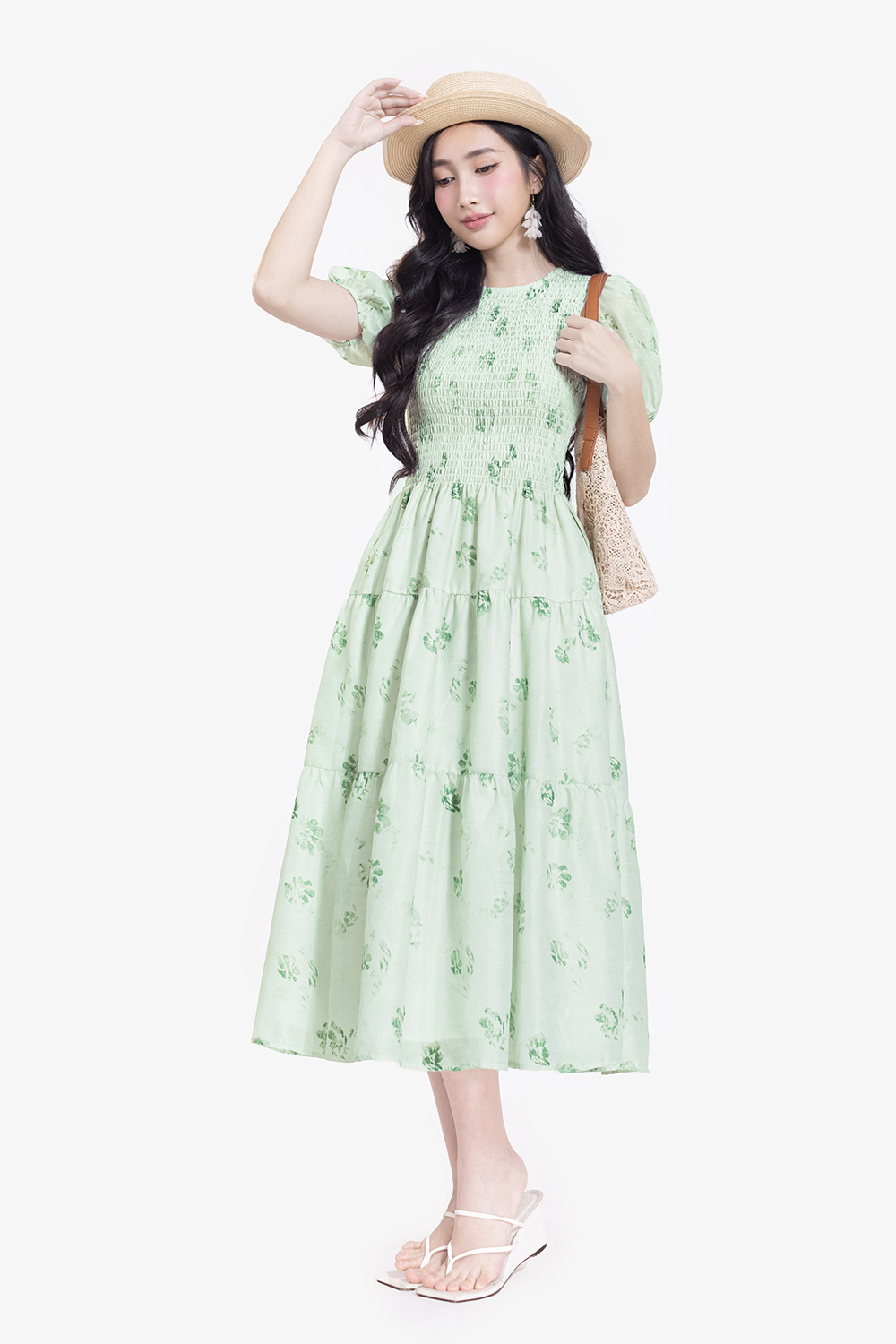 Đầm hoa xòe dáng dài bo chun ngực