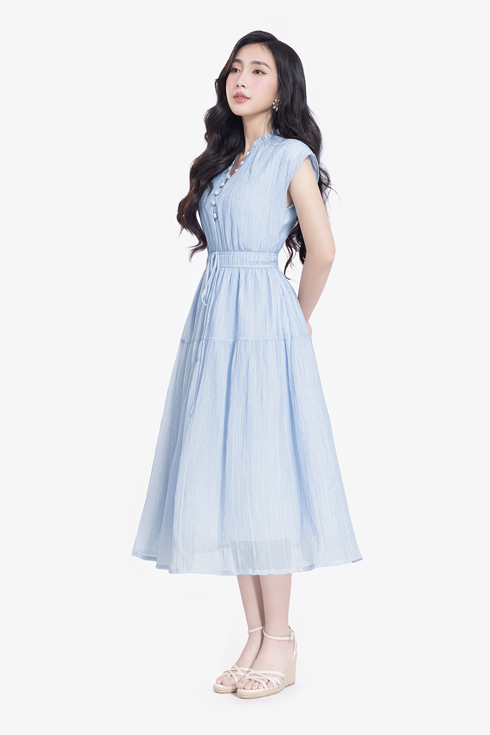 Đầm xòe dáng dài nhấn eo bo chun