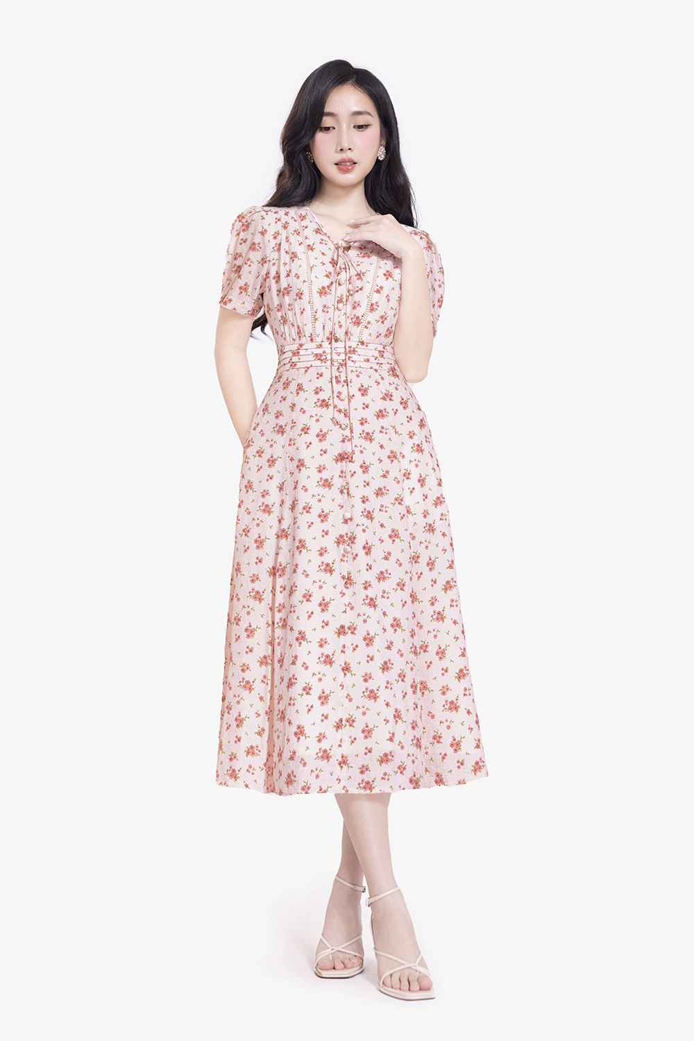 Đầm hoa nhí dáng xòe chữ A cổ phối nơ