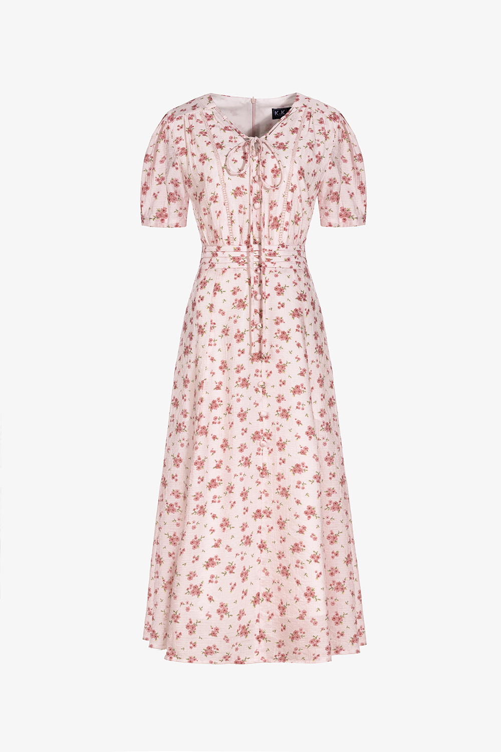 Đầm hoa nhí dáng xòe chữ A cổ phối nơ