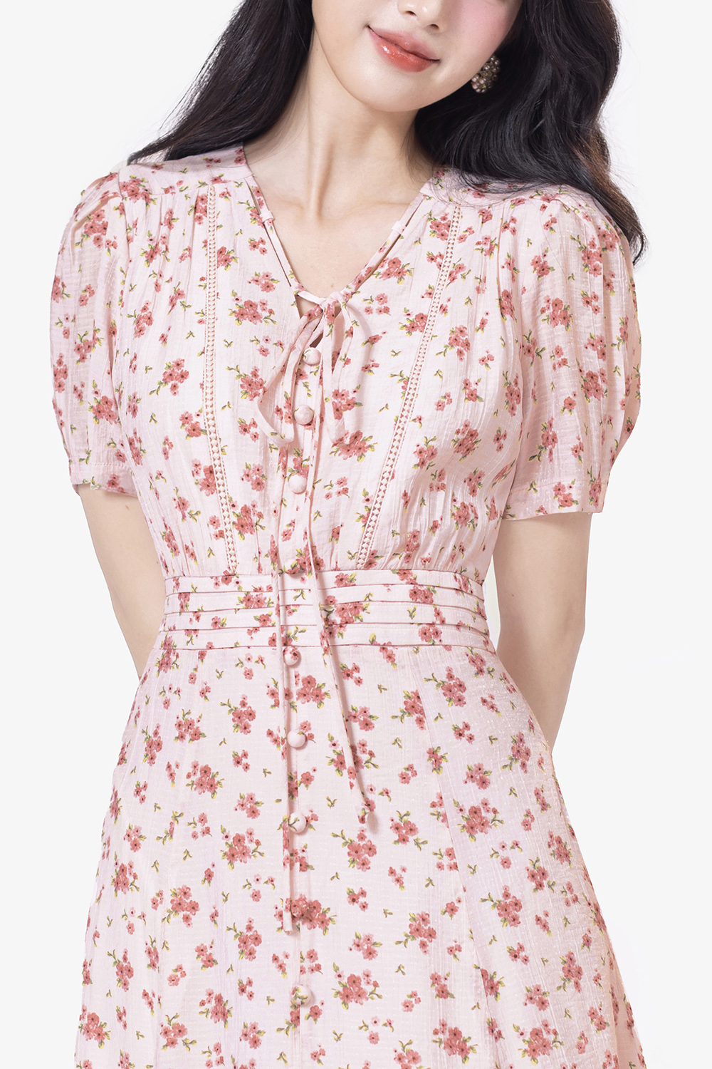 Đầm hoa nhí dáng xòe chữ A cổ phối nơ