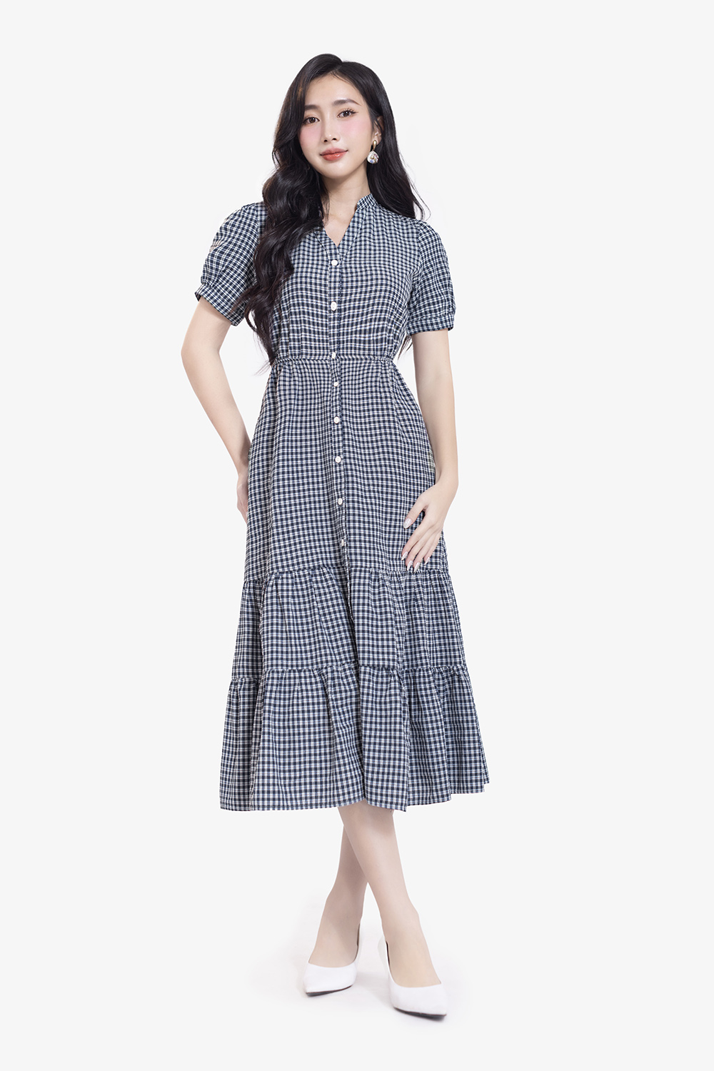 Đầm sơ mi caro dáng dài đuôi cá