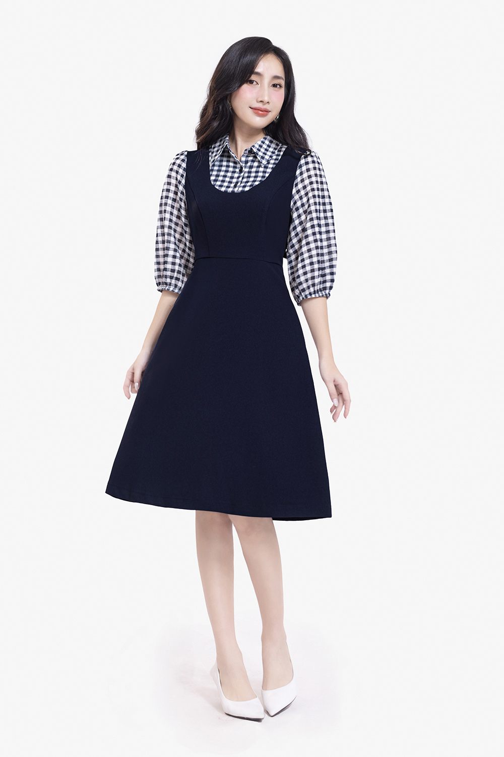 Đầm xòe chữ A công sở phối caro