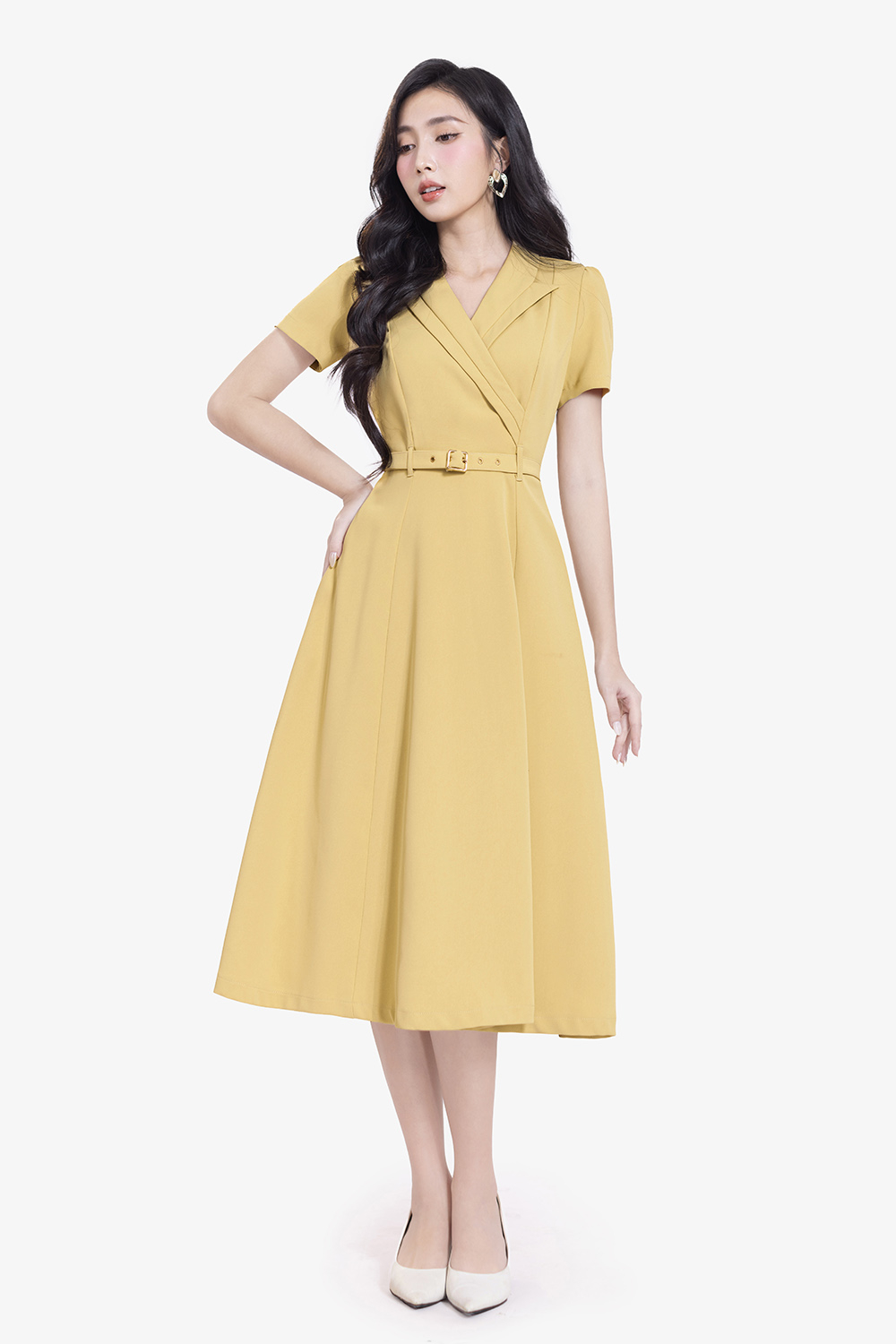 Đầm xòe công sở cổ đan tông màu vàng