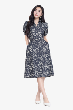 Đầm hoa công sở cổ đan tông kèm thắt eo