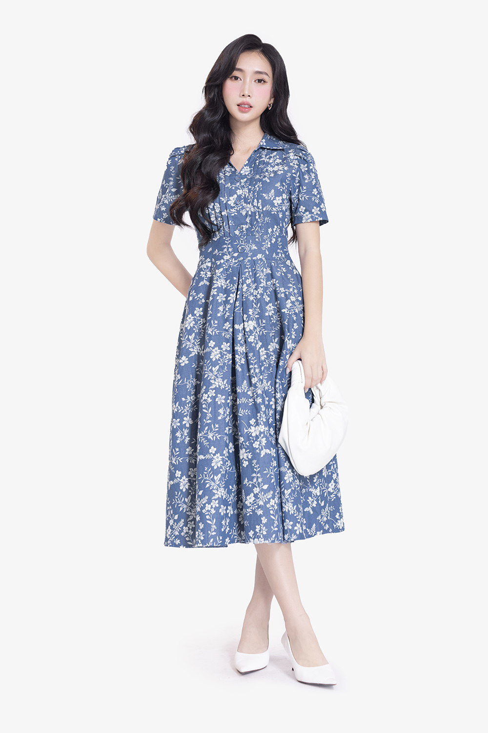 Đầm xòe xanh họa tiết hoa cổ sơ mi