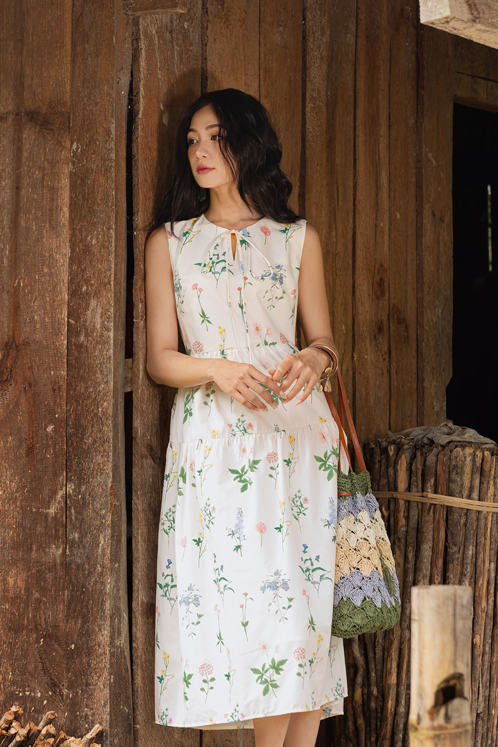 Đầm hoa dáng xòe dài cổ phối nơ KK177-31