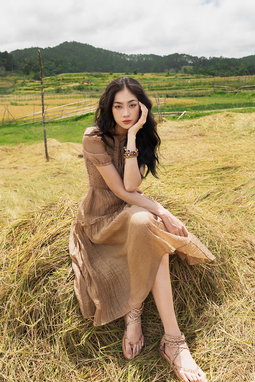 Đầm tơ dáng xòe màu nâu nhún ngực