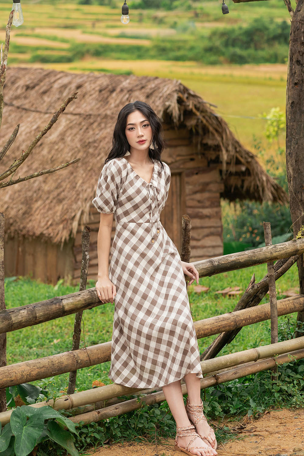 Đầm xòe họa tiết caro tay bồng cổ tim KK178-08