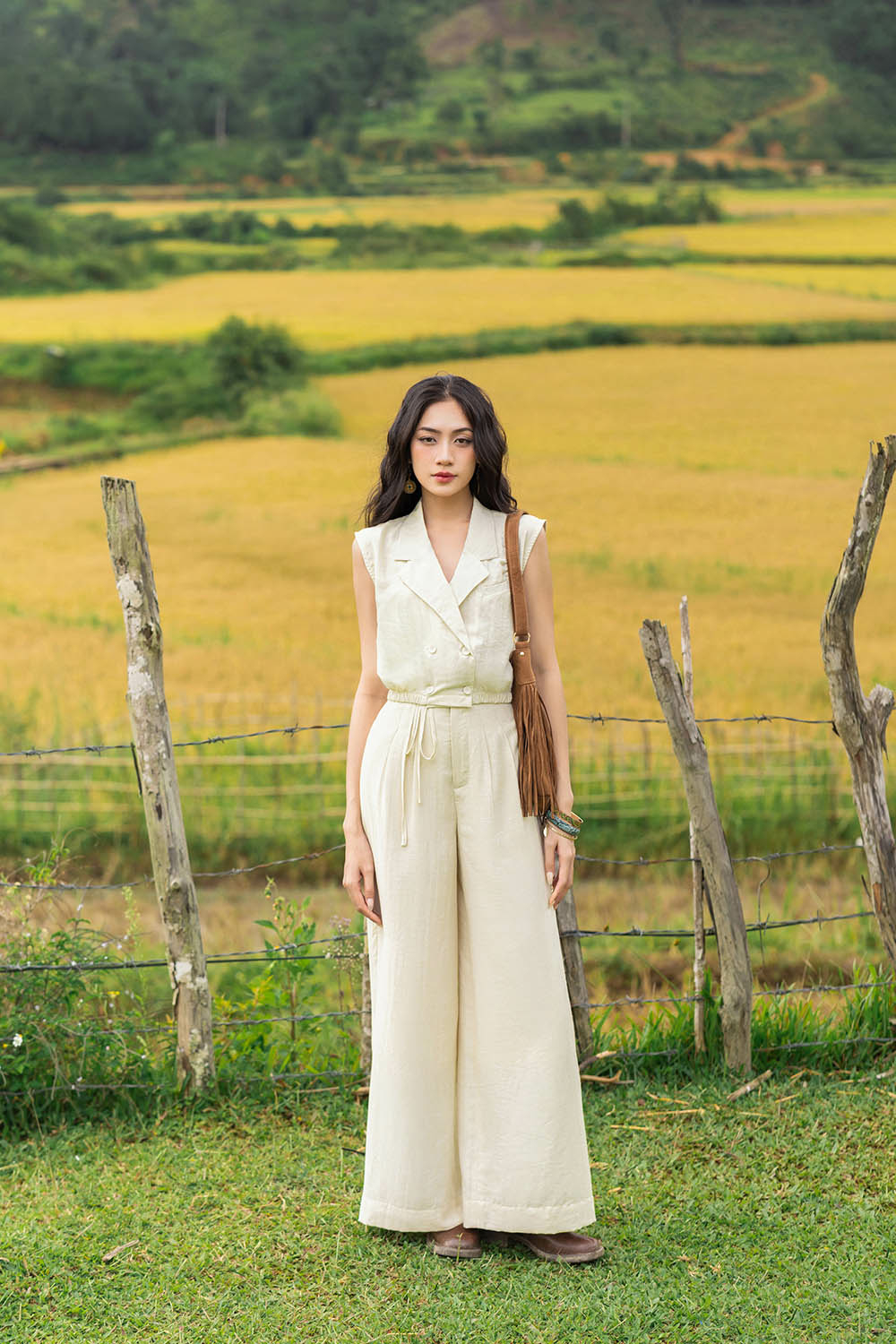 Quần suông ống rộng đai phối dây thắt nơ