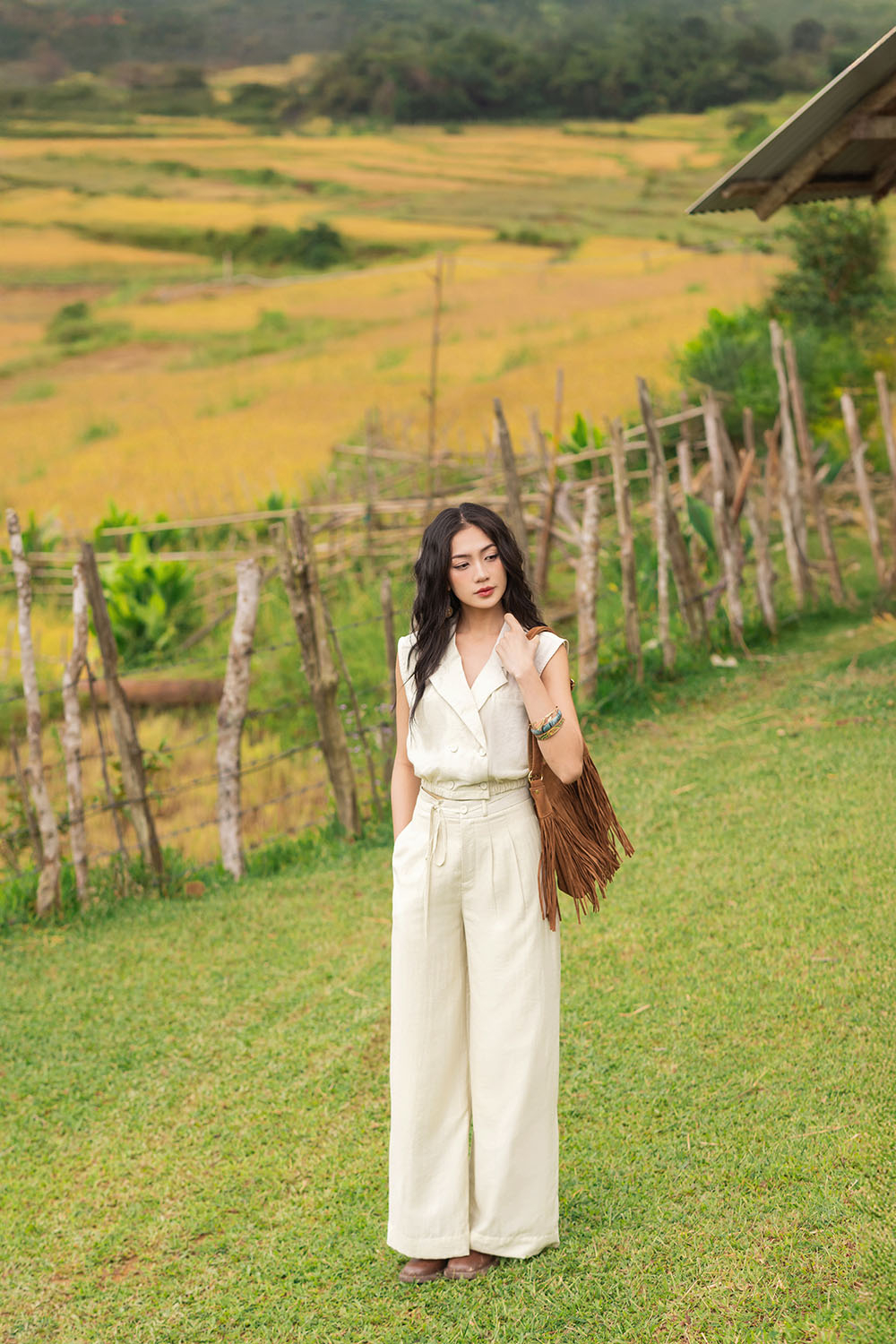 Quần suông ống rộng đai phối dây thắt nơ