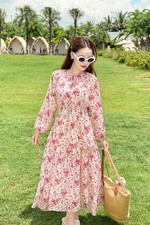 Đầm hoa hồng tay dài cổ tròn eo bo thun