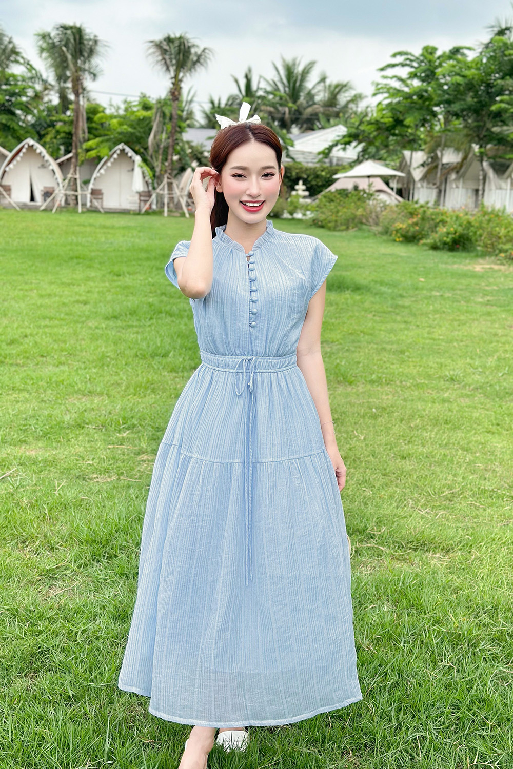 Đầm xòe dáng dài nhấn eo bo chun