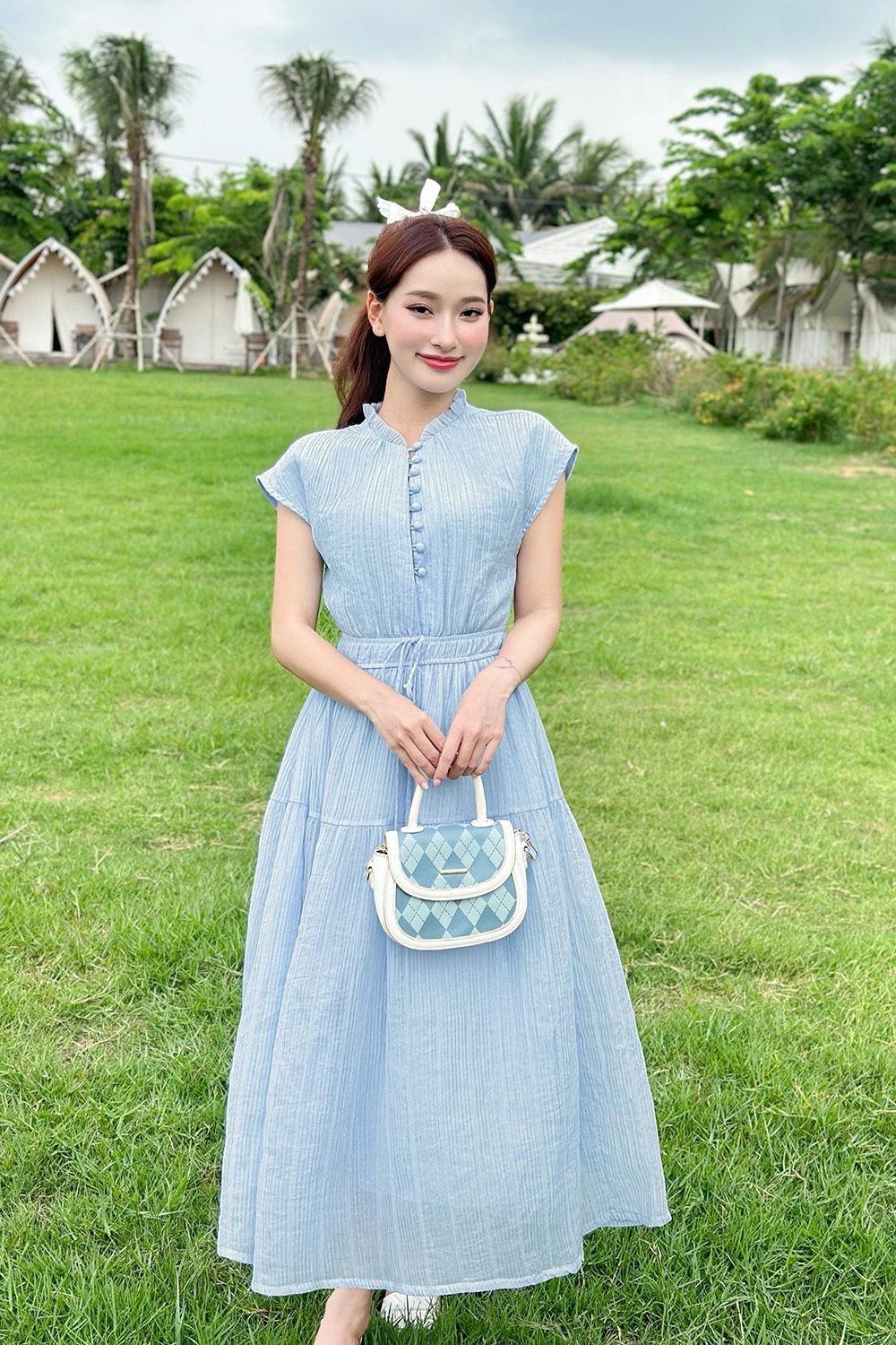 Đầm xòe dáng dài nhấn eo bo chun