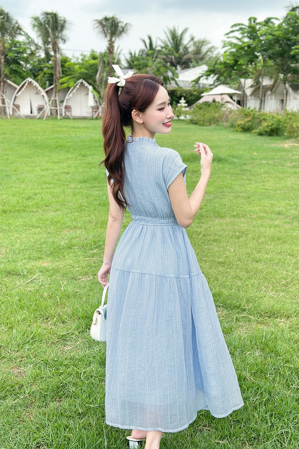 Đầm xòe dáng dài nhấn eo bo chun