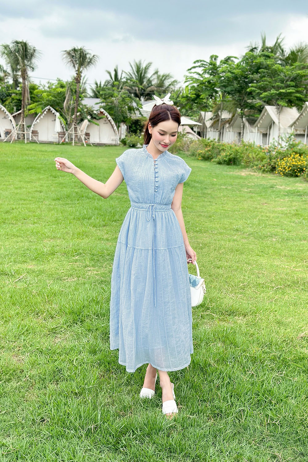 Đầm xòe dáng dài nhấn eo bo chun