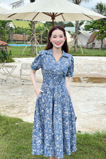 Đầm xòe xanh họa tiết hoa cổ sơ mi