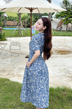 Đầm xòe xanh họa tiết hoa cổ sơ mi