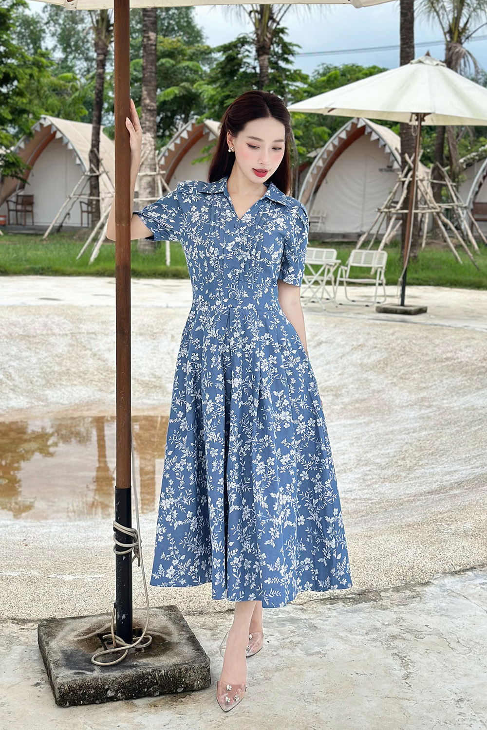 Đầm công sở dáng xòe họa tiết hoa KK177-07