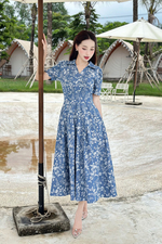 Đầm xòe xanh họa tiết hoa cổ sơ mi