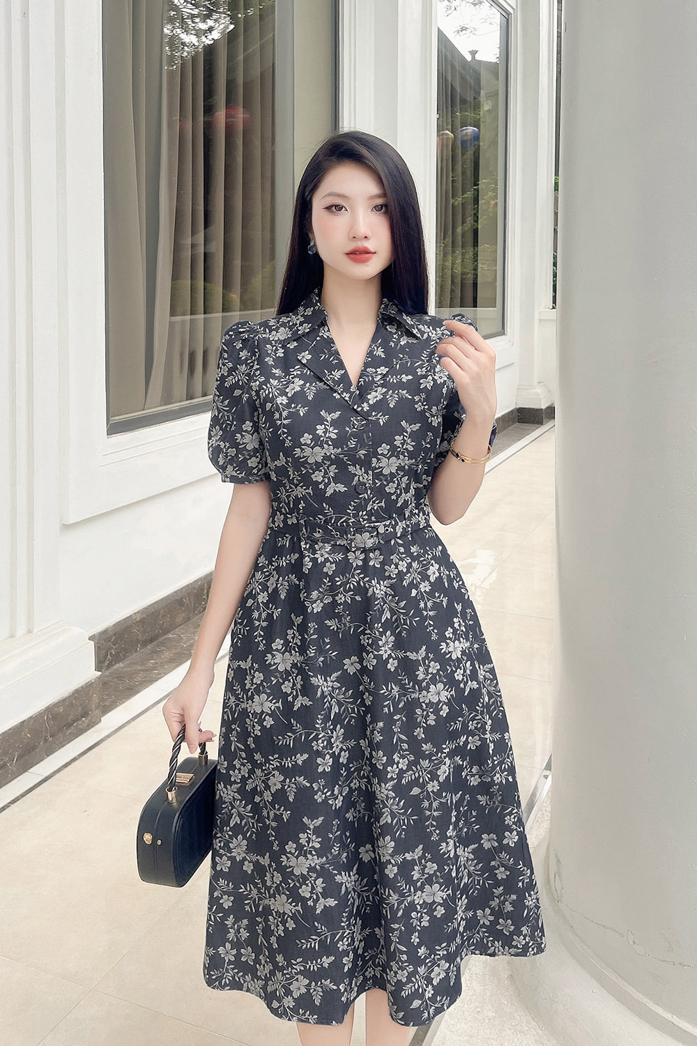 Đầm hoa công sở cổ đan tông kèm thắt eo KK178-01