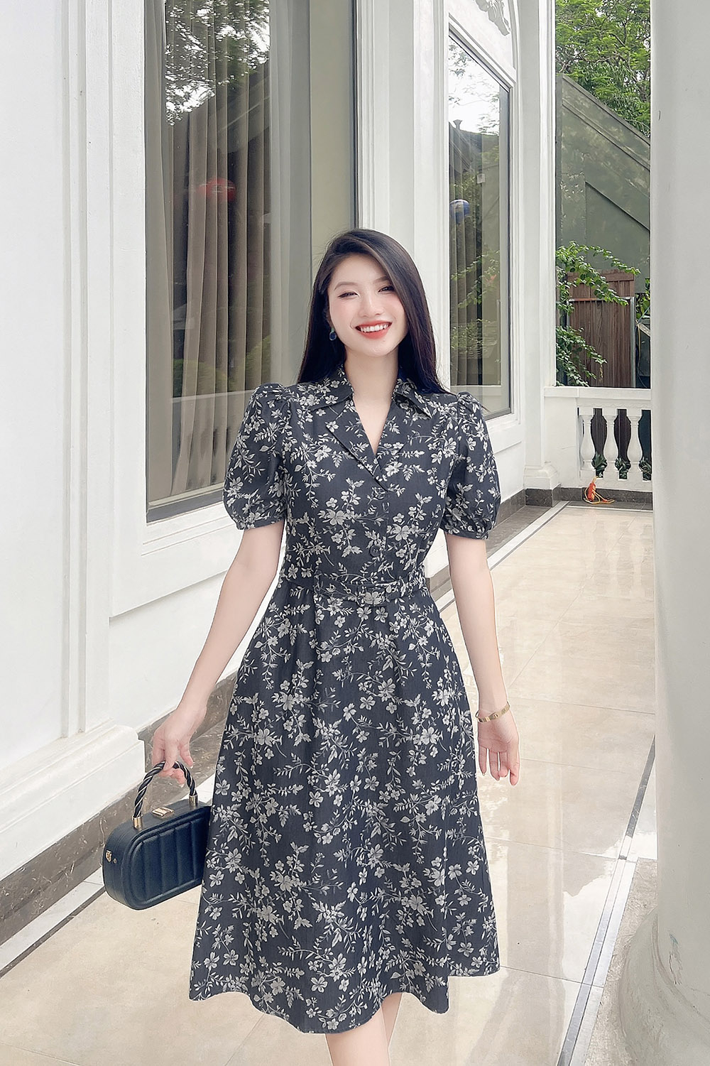 Đầm hoa công sở cổ đan tông kèm thắt eo KK178-01