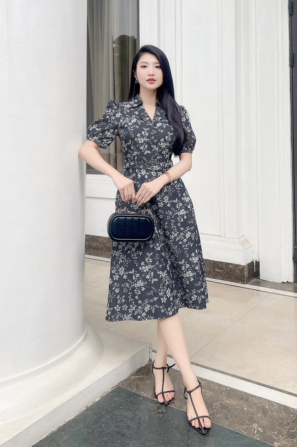 Đầm hoa công sở cổ đan tông kèm thắt eo