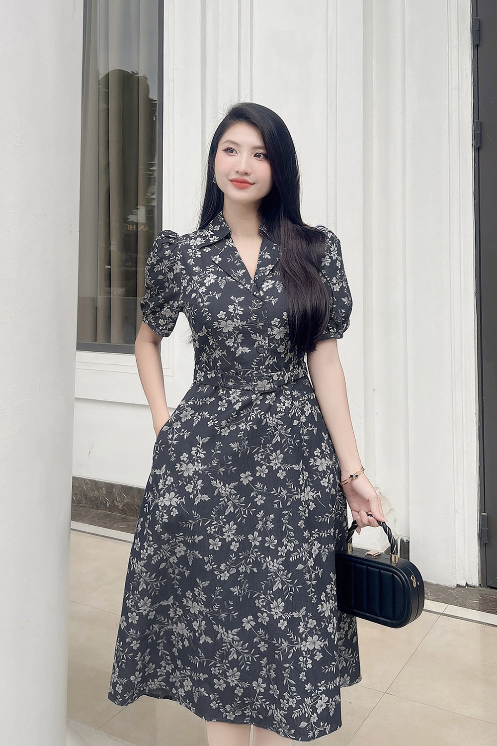 Đầm hoa công sở cổ đan tông kèm thắt eo