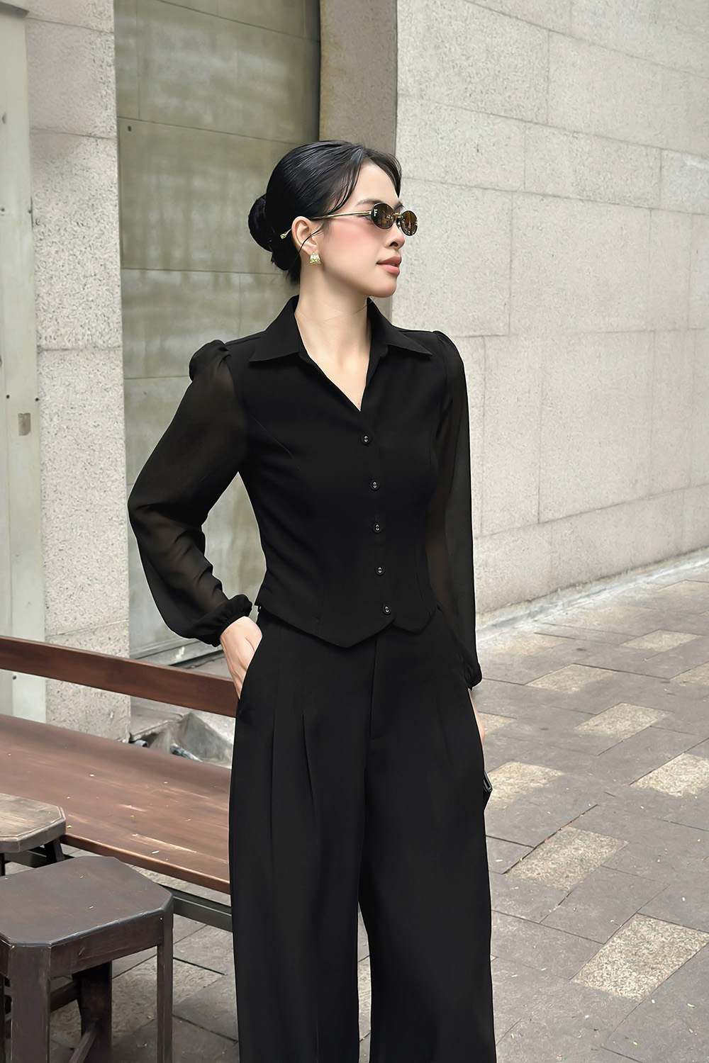 Áo sơ mi công sở tay dài màu đen