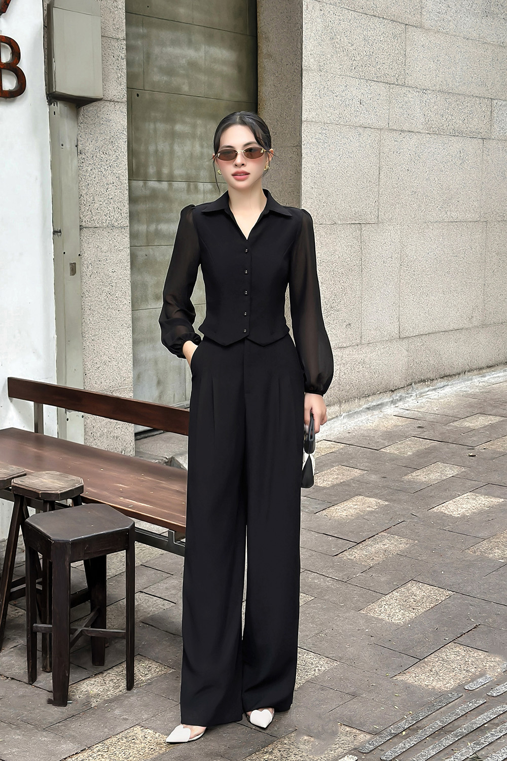 Áo sơ mi công sở tay dài màu đen