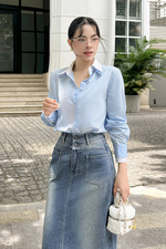 Áo sơ mi nữ tay dài sọc trắng xanh