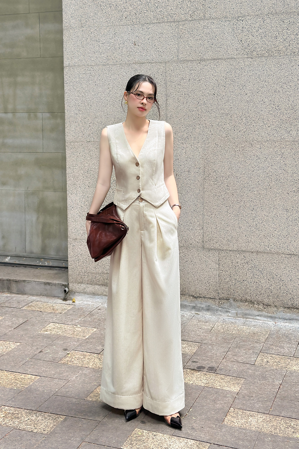 Quần ống suông nữ lưng cao cài cúc trước