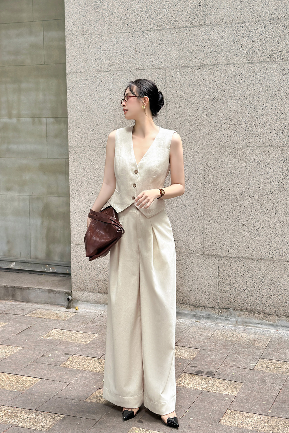 Quần ống suông nữ lưng cao cài cúc trước