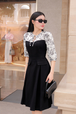 Đầm đen công sở phối họa tiết dáng chữ A
