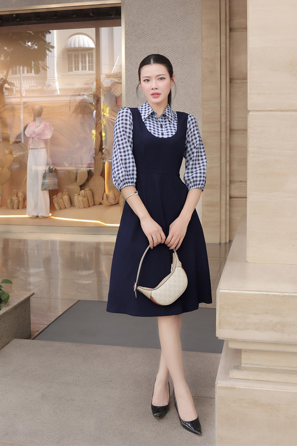 Đầm xòe chữ A công sở phối caro