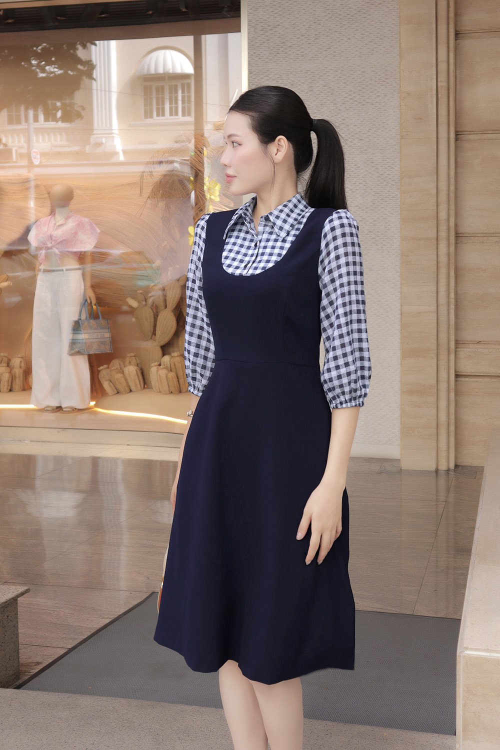 Đầm xòe chữ A công sở phối caro