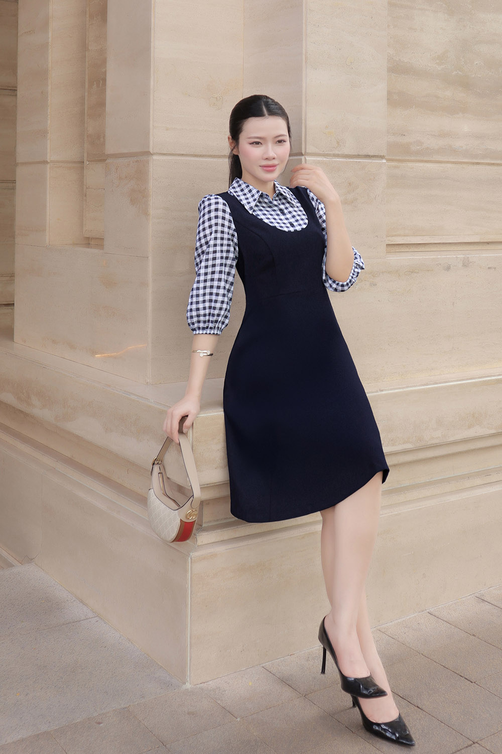 Đầm xòe chữ A công sở phối caro