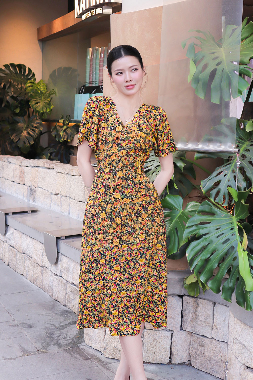 Đầm xòe họa tiết hoa phối nơ KK177-23